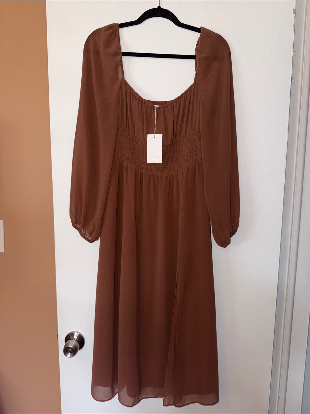 Wilfred Smocked Waist Brown Long-Sleeve Midi Dress